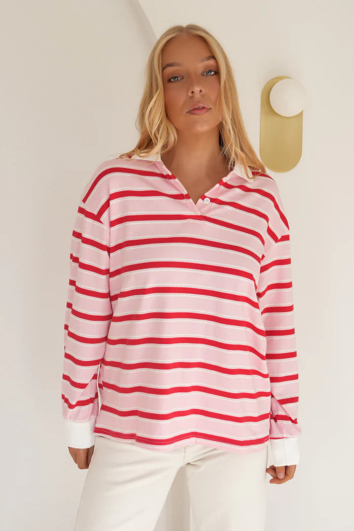 Tannah Rugby Top | Pink & Red Stripe-3